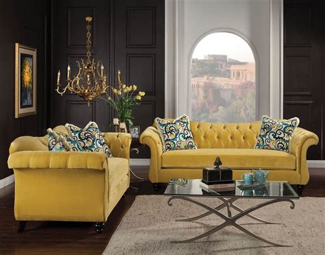 2 Piece Antoinette Royal Yellow Tufted Sofa Set Made In Usa Yellow