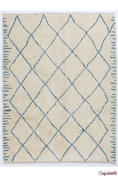 Ivory Color Moroccan Berber Beni Ourain Design Rug With Blue Patterns