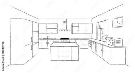 Sketch Hand Drawing Kitchen Interior Plan With Island Vector Kitchen Project Illustration In