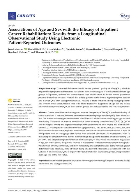 Pdf Associations Of Age And Sex With The Efficacy Of Inpatient Cancer Rehabilitation Results