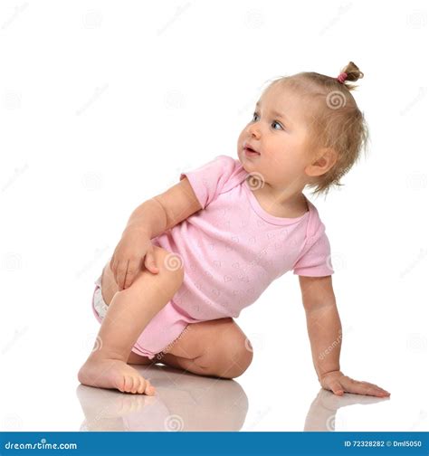 Six Month Infant Child Baby Toddler Sitting In Pink Body And Diaper