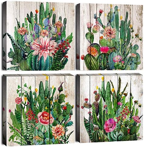 Canvas Art Green Cactus Wooden Board Plant Painting Wall Art Decor 16 X