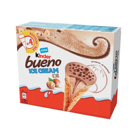 Hazelnut dairy ice cream and milk chocolate sauce finger (5%) (made with 10% milk chocolate) in a wafer cone (13%) with cocoa flavour coating (6%), topped with hazelnut compound disk (12%) and kinder lovers can rejoice as the deliciousness of kinder bueno is finally available in ice cream. Kinder Bueno Ice Cream Cone 90ml 8714100896006 | DOIberica