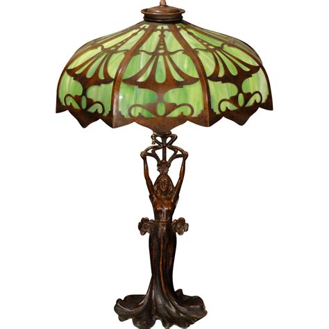 Stunning Art Nouveau Figural Lamp W Cut Brass Slag Glass Shade From Stidwillsantiques On Ruby Lane