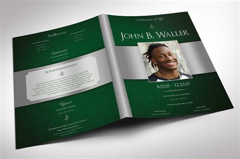 Green Silver Regal Tabloid Funeral Program Word Publisher Template