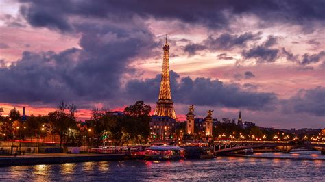 Yellow Lighting Eiffel Tower Paris With Background Of Gray And Purple