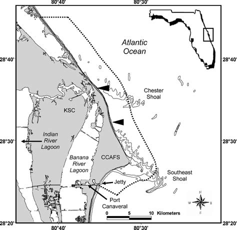 Map Of The Cape Canaveral Florida Study Area Dashed Line Delineates