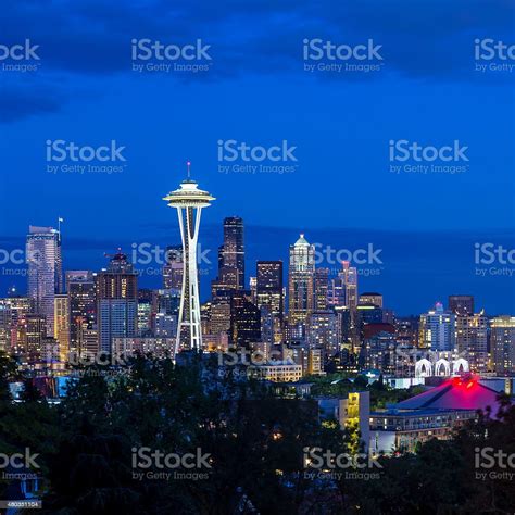 Seattle Skyline Panorama At Sunset As Seen From Kerry Park Stock Photo