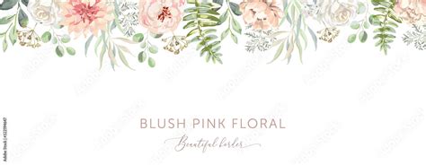 Delicate Border Of Blush Pink Flowers Forest Green Leaves White