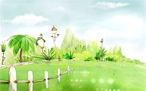 Hd Wallpaper Green Trees And Fence Illustration Nature Grass Palm
