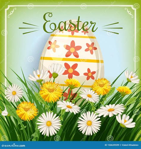 Easter Card With Eggs And Flowers With Grass Dandelions And Daisies