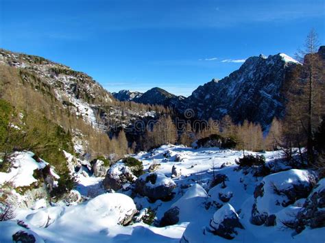 Scenic Winter View Of Snow Covered Mountains Above Krma Valley Stock