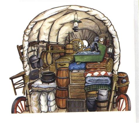 An Illustration Of A Covered Wagon Filled With Goods And Animals In It