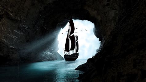 Download Wallpaper 1366x768 Boat Cave Water Art Dark