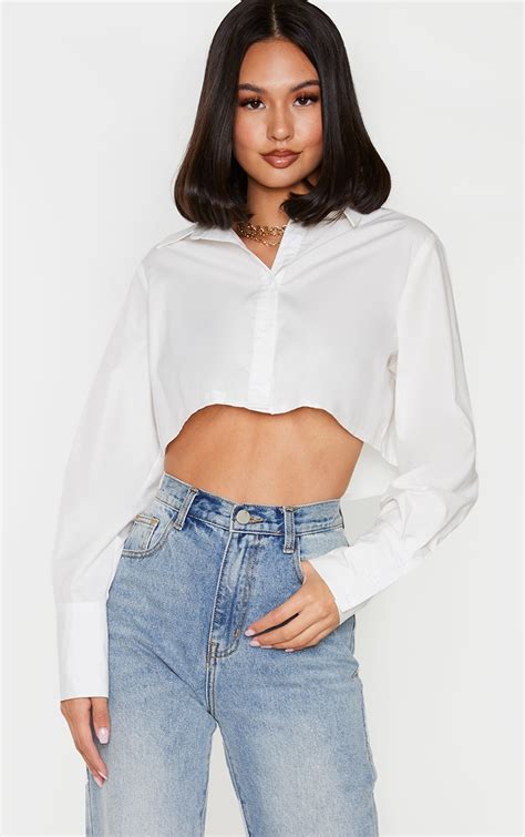 White Cotton Oversized Crop Shirt Tops Prettylittlething Uae