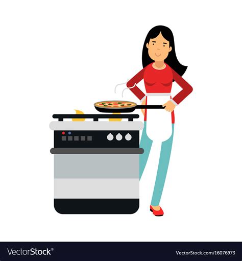 Beautiful Young Brunette Woman Housewife Cooking Vector Image