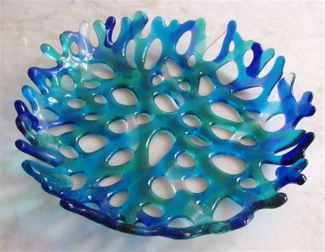 Fused Glass Coral Bowl Branching Coral Wall Decor Turquoise Blue Sea Coral Art Ocean Beach