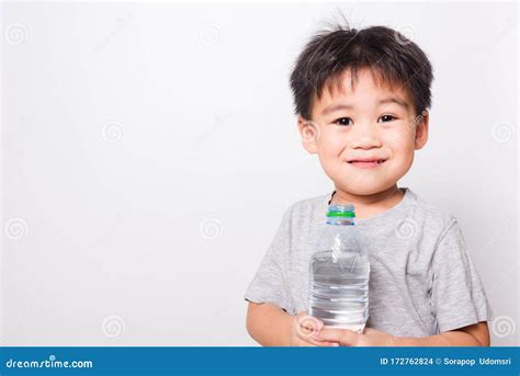 Closeup Asian Face Little Children Boy Drinking Water From Plastic