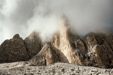 Incredible View Of The Three Peaks Of Lavaredo In Morning Fog Stock