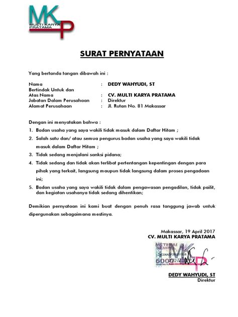 Surat keterangan sehat akan diisi dan ditandatangani oleh dokter yang memeriksa, setelah semua prosedur telah selesai kamu bisa mendapatkan surat keterangan sehat dari puskesmas. Surat Pernyataan CV. MKP
