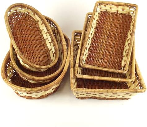 Set Of Three Shallow Tray Wicker Baskets Oval Shape Uk