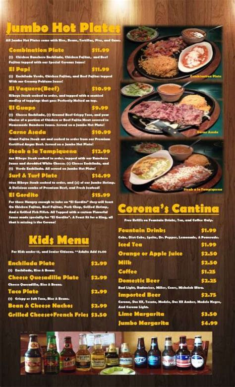 Coronas Mexican Restaurant Menu In Rockdale Texas Usa