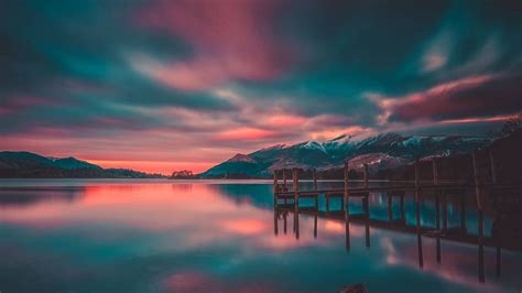 Download Wallpaper 1280x720 Pier Lake Mountains Photoshop Sunset Hd