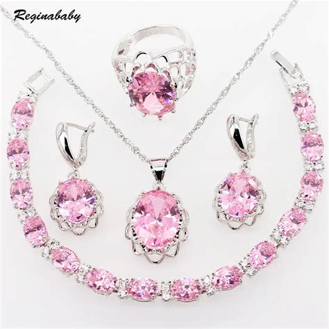 Silver Color Pink Zircon Bridal Jewelry Sets For Lady Wedding Crystal
