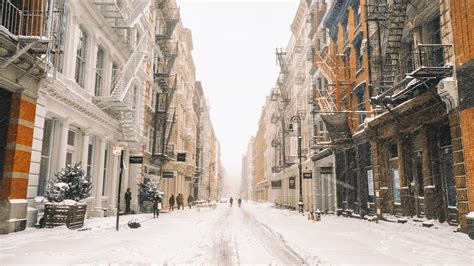 Wallpaper New York In Winter Snow Street Buildings Usa 1920x1440 Hd