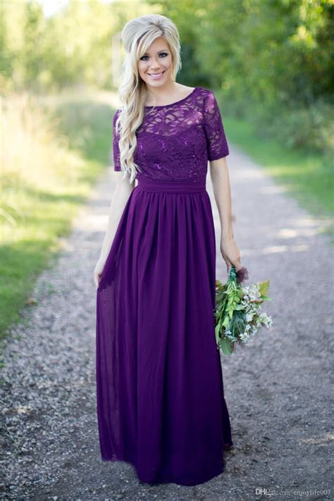 Purple Bridesmaid Dresses Vintage Lace With Short Sleeves Open Back