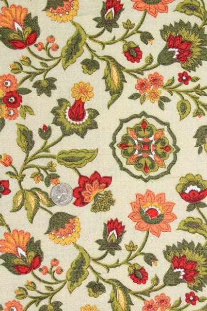 Designer fabric featuring a large scale floral and leaf pattern printed on a slubbed linen blend base. vintage cotton barkcloth fabric curtain panels, crewel ...