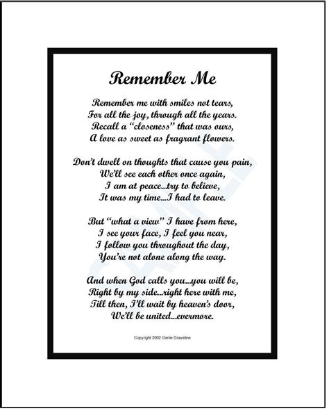 Remember Me Memorial Poem Digital Download Memorial T Print