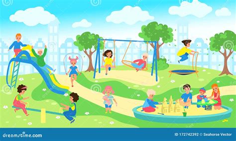 Happy Little Kids Playing City Playground Cartoon Stock Illustrations