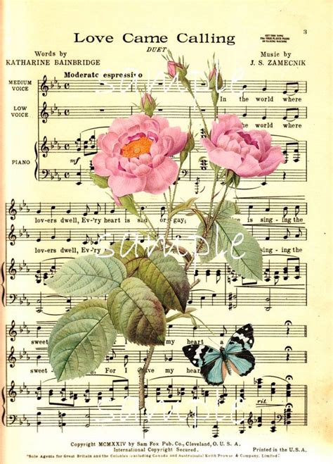 Instant Download Single Image Vintage Music Sheet With Roses Etsy