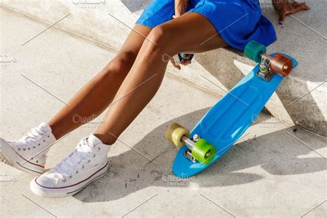 Beautiful Black Girl With Skateboard Featuring Activity Adult And