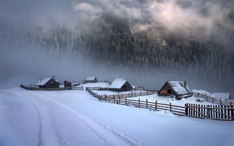 Nature Landscape White Cold Winter Cabin Fence Path Mountain Snow Forest Mist Clouds