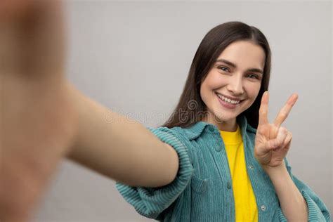 Woman Taking Selfie Pov Flirting Expressing Positive Emotions Showing V Sign Victory Gesture