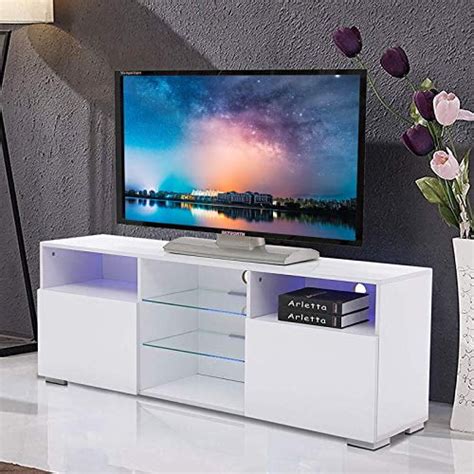 Mecor High Gloss Tv Stand With Led Lights Modern White Tv Stand For 58
