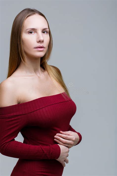 147 Beautiful Long Haired Woman Red Dress Studio Gray Background Stock