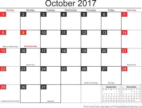 Free Calendar October 2017 Printable Blank