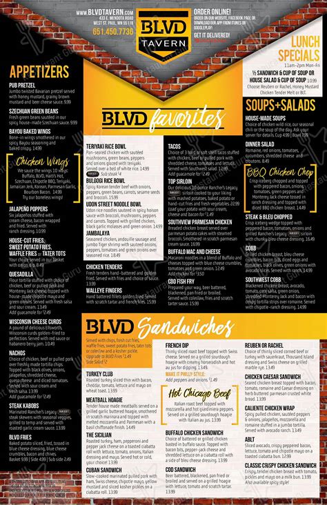 Menu At Blvd Tavern Pub Bar West Saint Paul