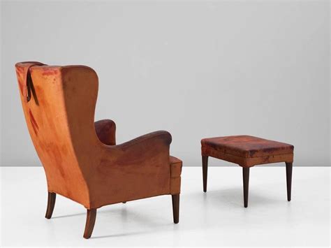 Frits Henningsen Wingback Chair And Ottoman In Original Cognac Leather For Sale At 1stdibs