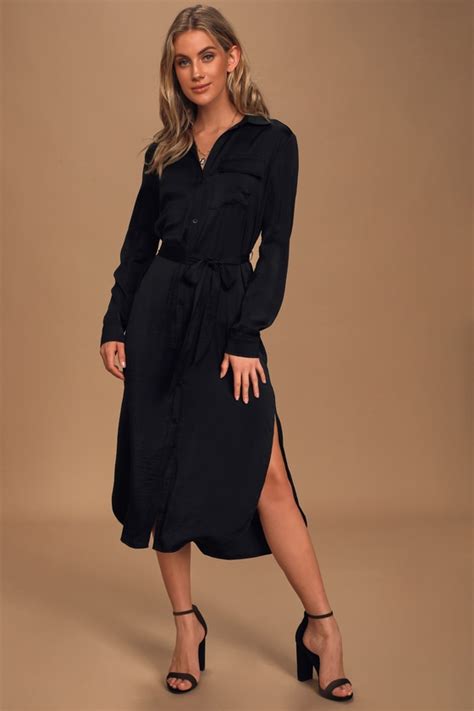 Black Satin Midi Dress Satin Shirt Dress Black Midi Dress Lulus