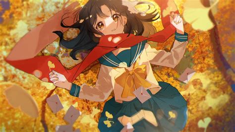 Download 1920x1080 Autumn School Uniform Scarf Cute Anime Girl