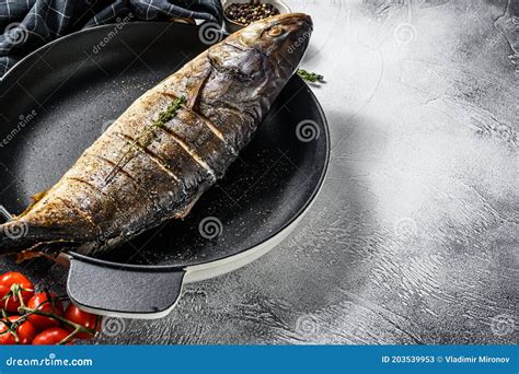 Baked Yellowtail Japanese Amberjack In A Pan Gray Background Top