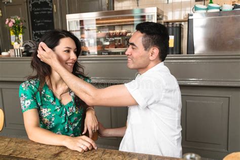 Young Man Touches Hair Of His Brunette Wife Stock Image Image Of Girl