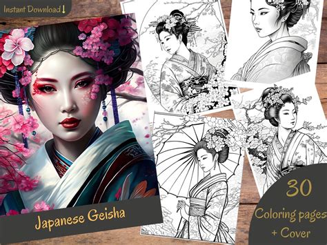 Grayscale Japanese Geisha Coloring Book Set 1 30 Printable Etsy Uk