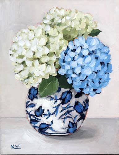 A Painting Of Blue And White Hydrangeas In A Floral Vase On A Table