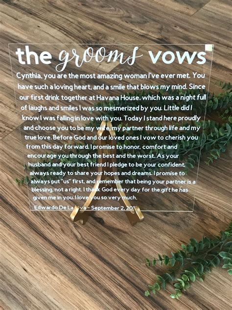We've put together some funny marriage vows ideas based on your interests to get your creative juices flowing. The grooms vows or brides vows acrylic vow boards for ...