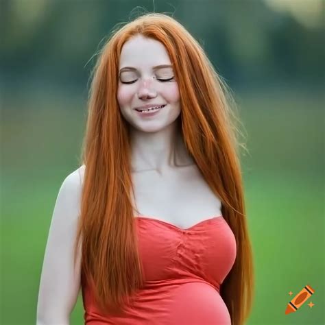 Ginger Woman With Freckles Long Hair Dress Pregnant Smile Eyes